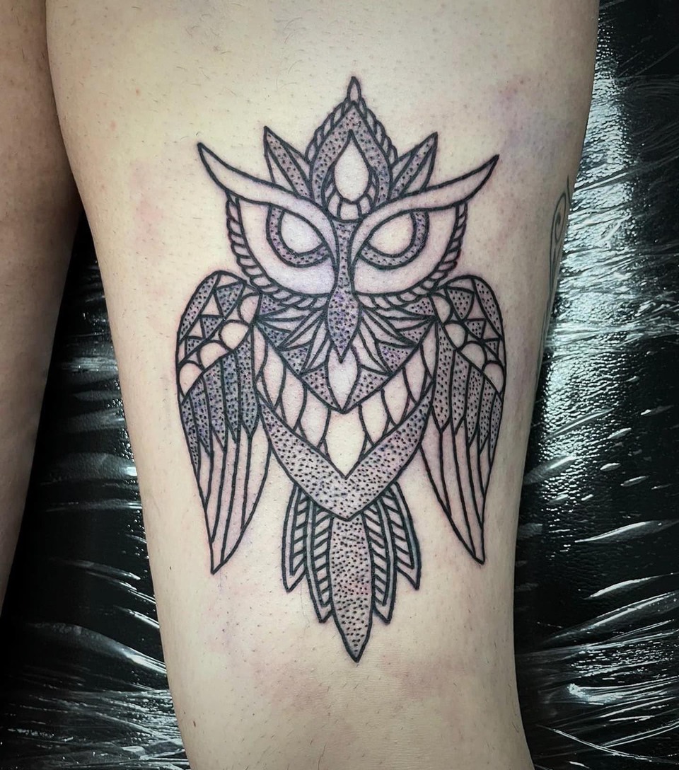 Symmetrische Eule aus feinen schwarzen Linien, geometrischen Flächen und floralen Ornamenten.